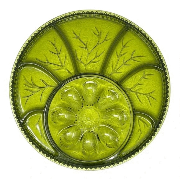 Indiana Glass Avocado Green Depression Glass Egg & Relish Tray 13" - Picture 6 of 6